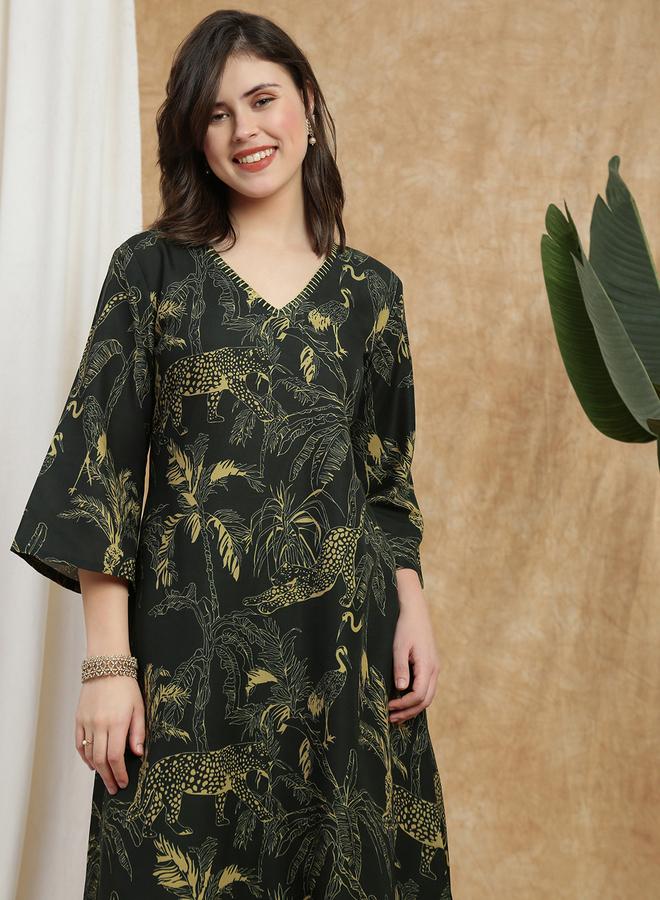 globus Women Olive Bell Sleeves Tropical Print Kurta - Image 4